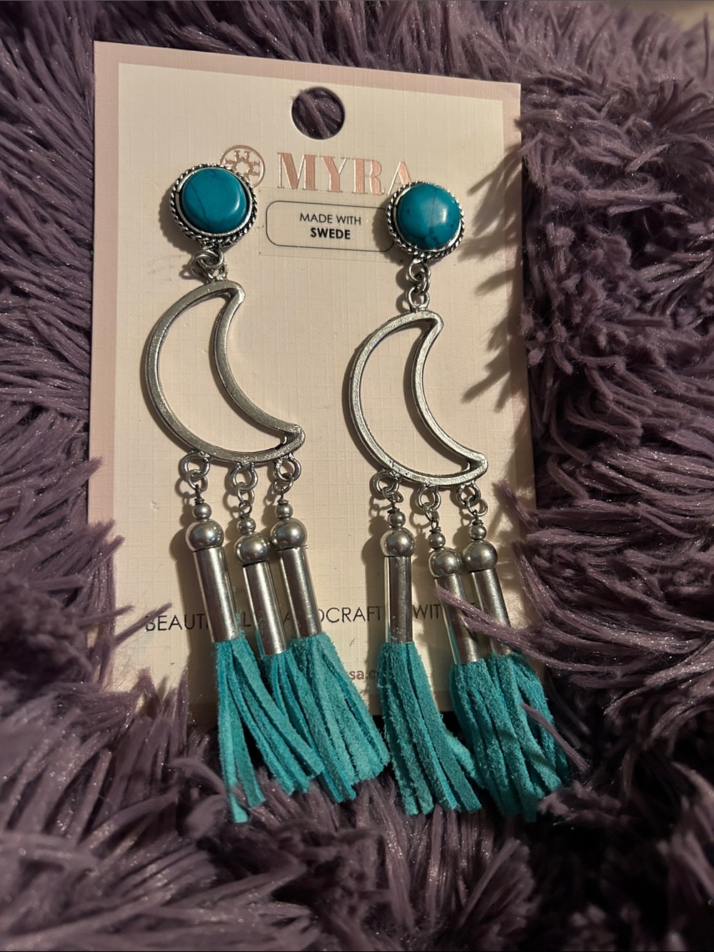Myra Bag Turquoise and Silver Crescent Moon Tassel Earrings